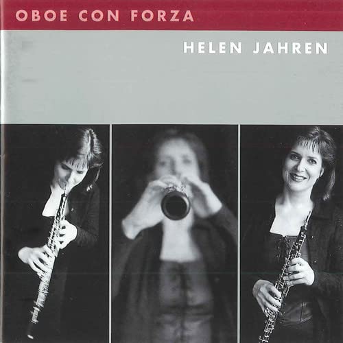 CD cover featuring Helen Jahren playing the oboe in three grayscale panels.