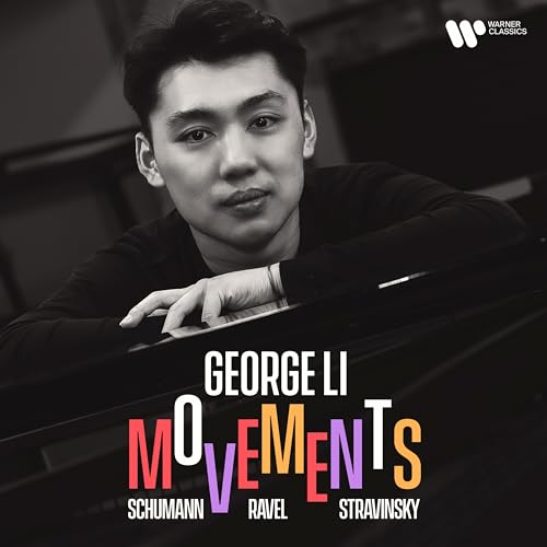 Black and white portrait of pianist George Li resting his hands on a piano.