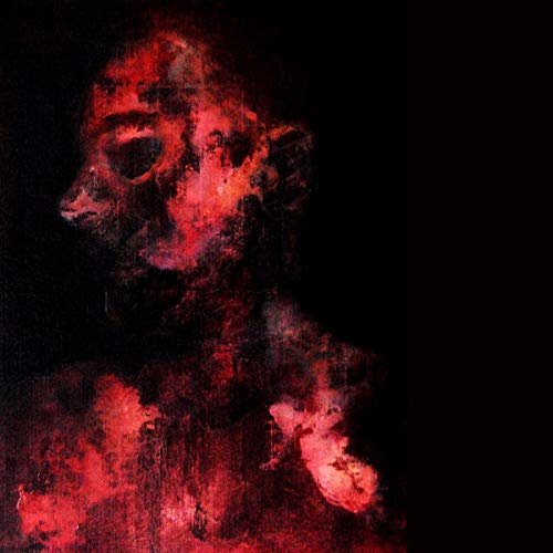 Red and black textured portrait of a distressed, obscured face.