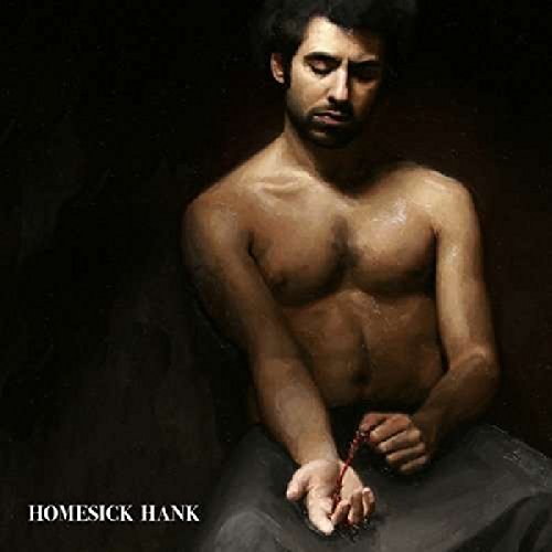 Painting of a shirtless man with a rosary, dark background.