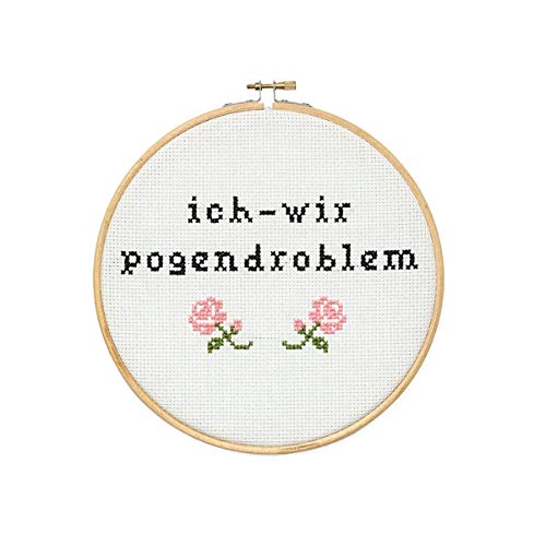 Cross-stitch hoop with text “ich-wir pogenproblem” and two pink roses.