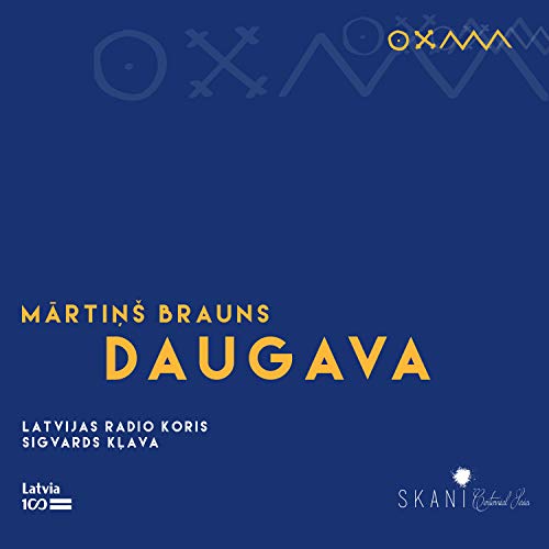 CD cover for “Daugava” by Latvian Radio Choir, blue background, abstract symbols.