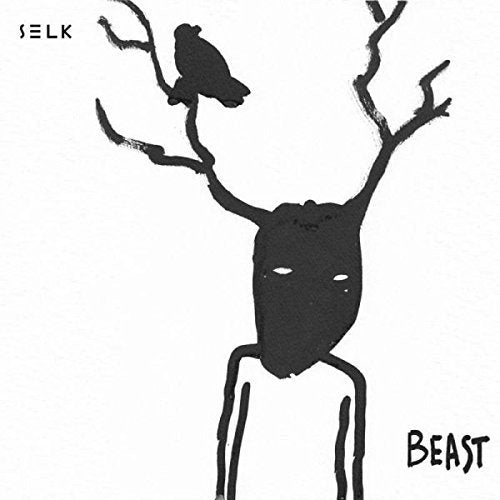 Black and white illustration of a deer head with a bird on antlers.