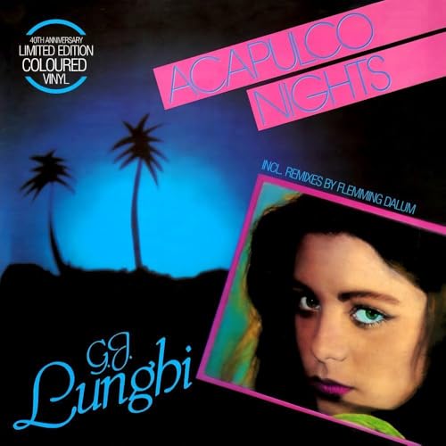 “Acapulco Nights” vinyl record cover with a woman’s portrait and palm trees.