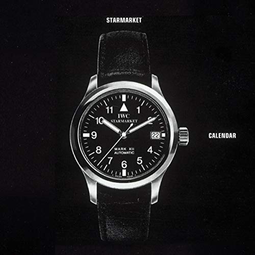 Black and white image of a wristwatch with a dark leather strap.