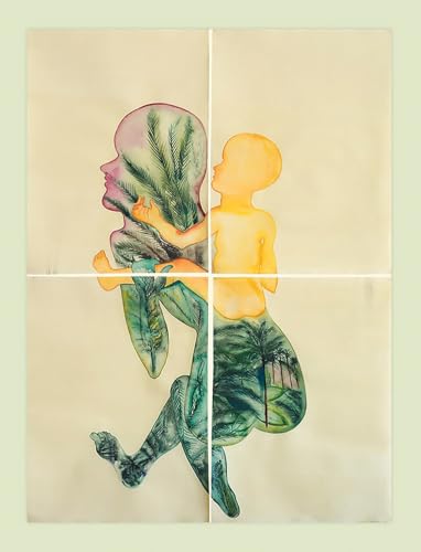 Watercolor painting of two figures merging with foliage and landscapes.
