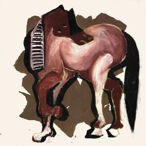 Painted horse head with a piano keyboard incorporated into its mane.