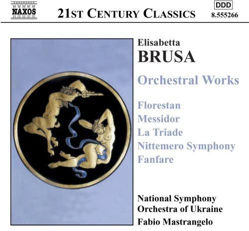 CD cover for Elisabetta Brusa’s “Orchestral Works, Vol. 1” with figures in a circle.
