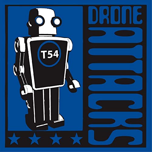 Robot illustration on blue and black album cover for "Drone Attacks.