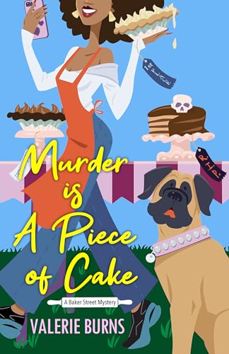 Woman in apron holding cake, with dog and skull imagery.