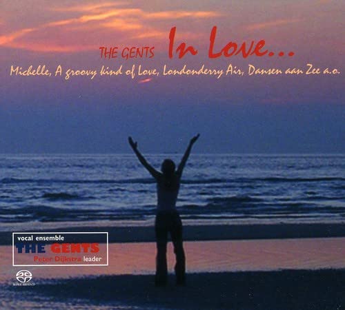 CD cover: silhouetted figure on beach with sunset and text “In Love…”