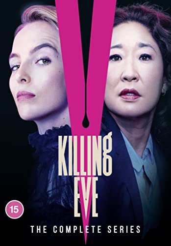 DVD cover featuring Jodie Comer and Sandra Oh separated by a large pink V.