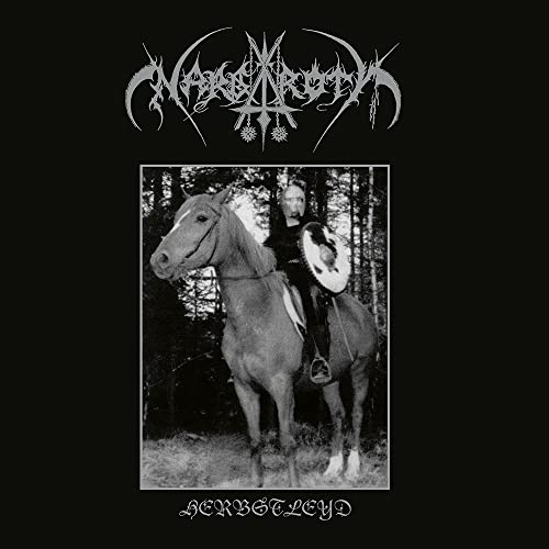 Black and white album cover: person on horseback in a forest.