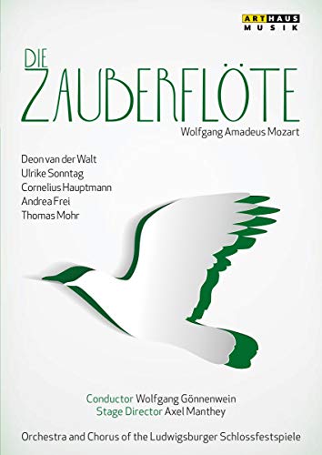 DVD cover for Mozart’s *Die Zauberflöte* with a white bird silhouette.