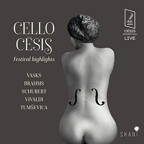 CD cover: woman’s back with cello shape, text “Cello Cesis Festival Highlights”.