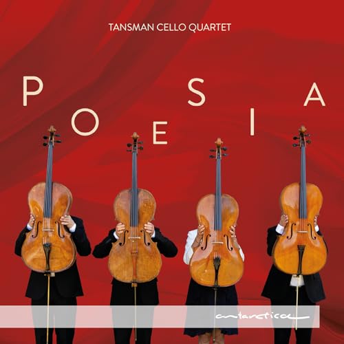 CD cover: four cellos and musicians against a red, wavy background.