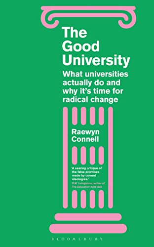 Green book cover with pink column design and white text: "The Good University".