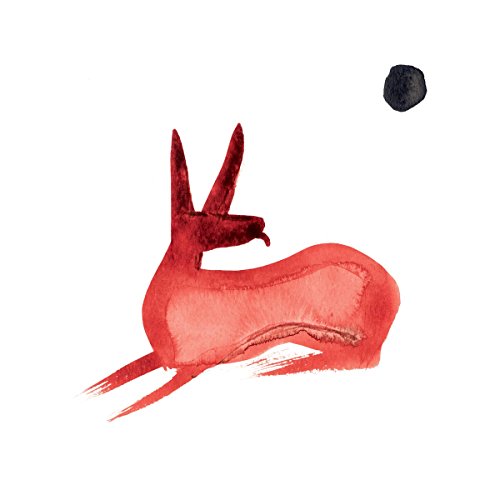 Red watercolor painting of a stylized animal with a dark spot.