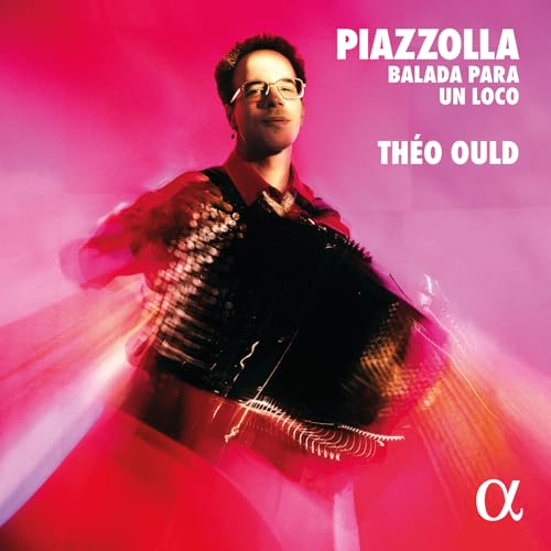 CD cover featuring Théo Ould with an accordion, pink and black tones.