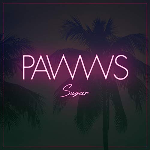 Vinyl record cover with neon pink text and palm tree silhouettes.