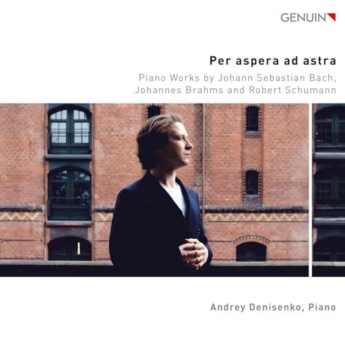 CD cover featuring pianist Andrey Denisenko in front of a brick building.
