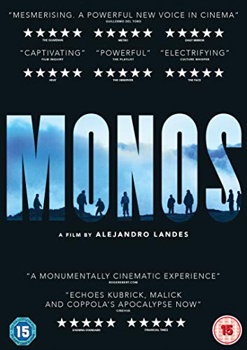 DVD cover for "Monos" featuring silhouetted figures against a cloudy sky.