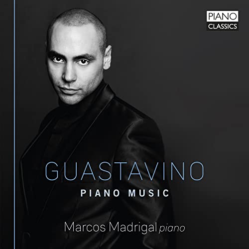 Black and white portrait of Marcos Madrigal, CD cover for piano music.