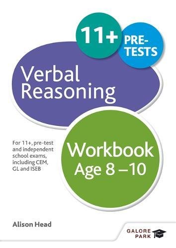 Verbal Reasoning Workbook for ages 8-10 with 11+ pre-test exam information on cover.