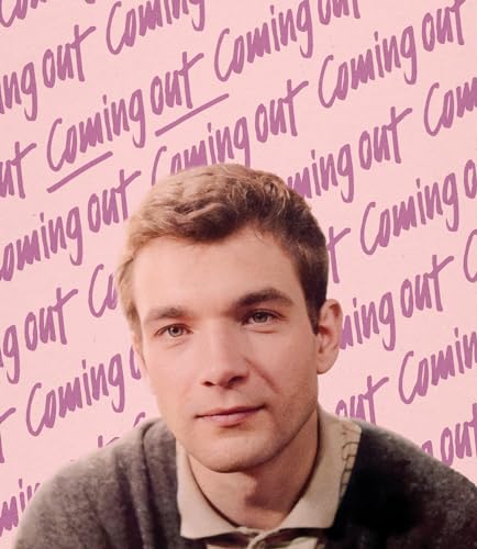 Close-up of a young man against a pink background with repeated text.