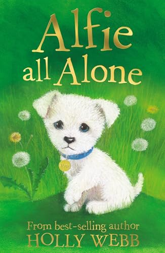 Book cover: a small, white puppy with blue collar in green grass.