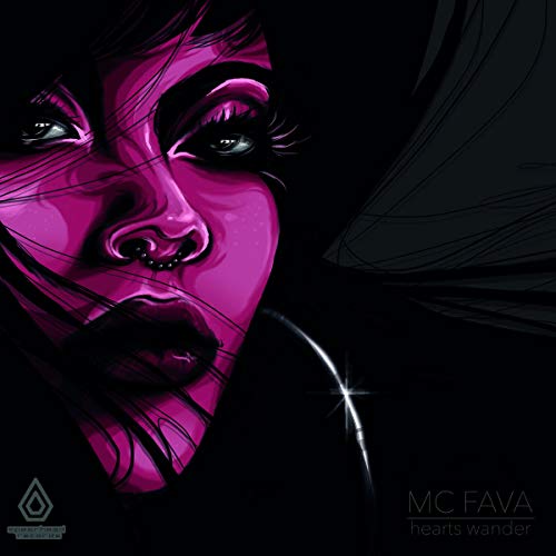 Close-up pink illustration of a woman’s face with dark hair and a nose ring.