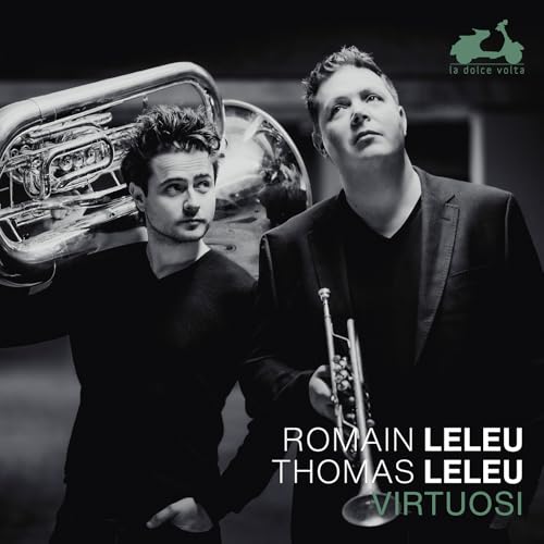 Two men with brass instruments, Romain and Thomas Leleu, in black and white.