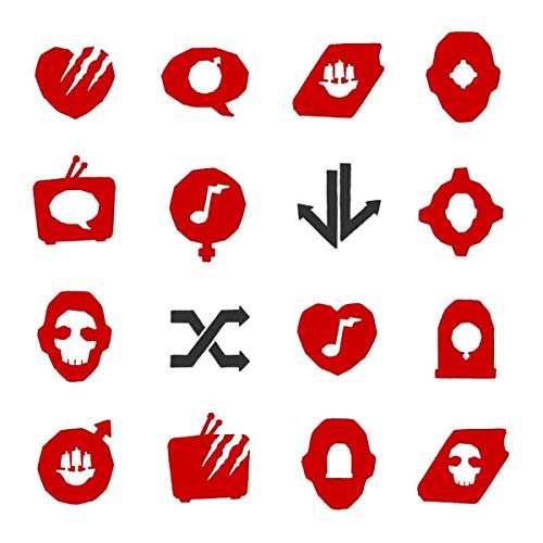Red icons depicting various symbols including hearts, skulls, and music notes.
