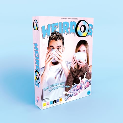 Pink cereal box with two people covering faces, titled "WEIRDOS".