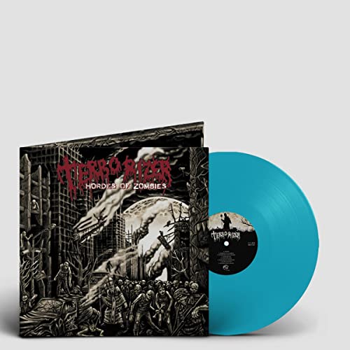 Terrorizer album cover and turquoise vinyl record with label detail.
