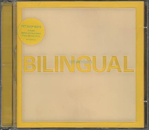 CD case for Pet Shop Boys’ “Bilingual” with yellow lettering.
