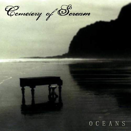 Black and white album cover featuring a piano on a beach.