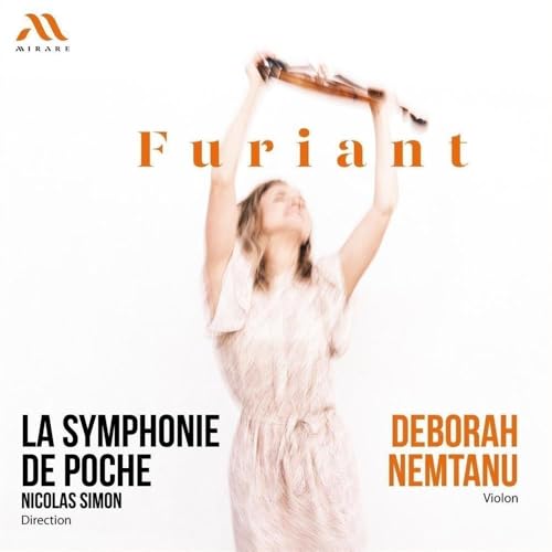 CD cover: woman raising arms towards a violin against orange background.