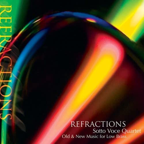 CD cover for "Refractions" by Sotto Voce Quartet, abstract colorful design.
