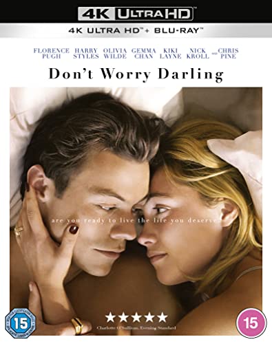 Don't Worry Darling" Blu-ray cover featuring Florence Pugh and Harry Styles.