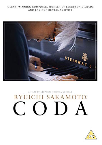 DVD cover for “Ryuichi Sakamoto: Coda,” featuring the composer at a piano.