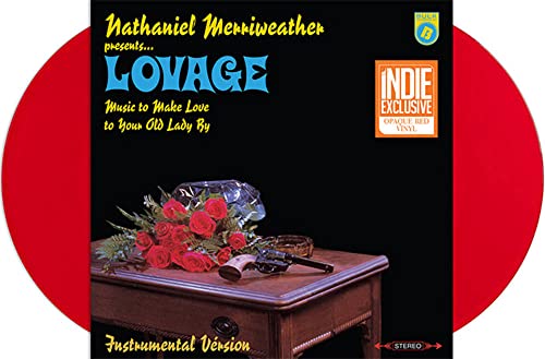 Red vinyl record with a dark cover featuring roses, a gun, and violin.
