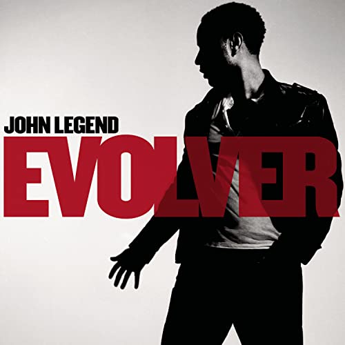 John Legend’s “Evolver” CD cover featuring a portrait in black and red.