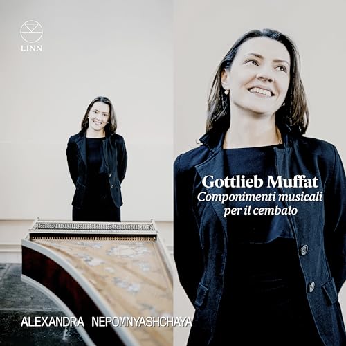 Alexandra Nepomnyashchaya portrait with harpsichord, album cover for Muffat’s compositions.