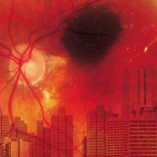 Red and orange abstract image with a dark silhouette of a city.