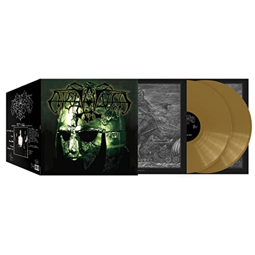 Vinyl record set with box, artwork of a Viking helmet, and gold discs.