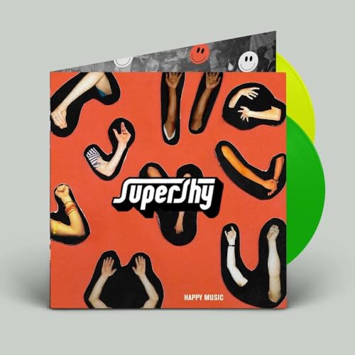 Supershy “Happy Music” vinyl record with orange cover and body parts imagery.