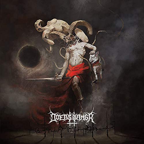 Dark album cover with a figure, a ram skeleton, and a dog.