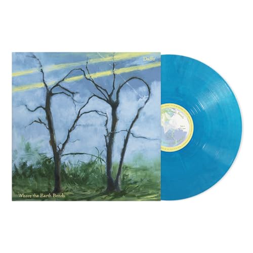 Blue vinyl record with album cover featuring painted trees and sky.