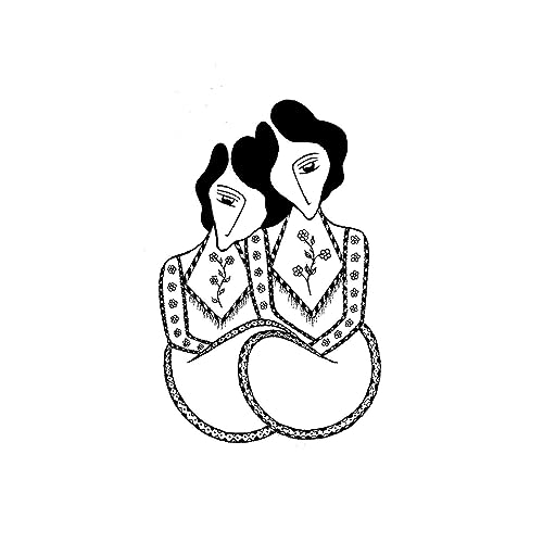Black and white illustration of two faces connected by a snake.